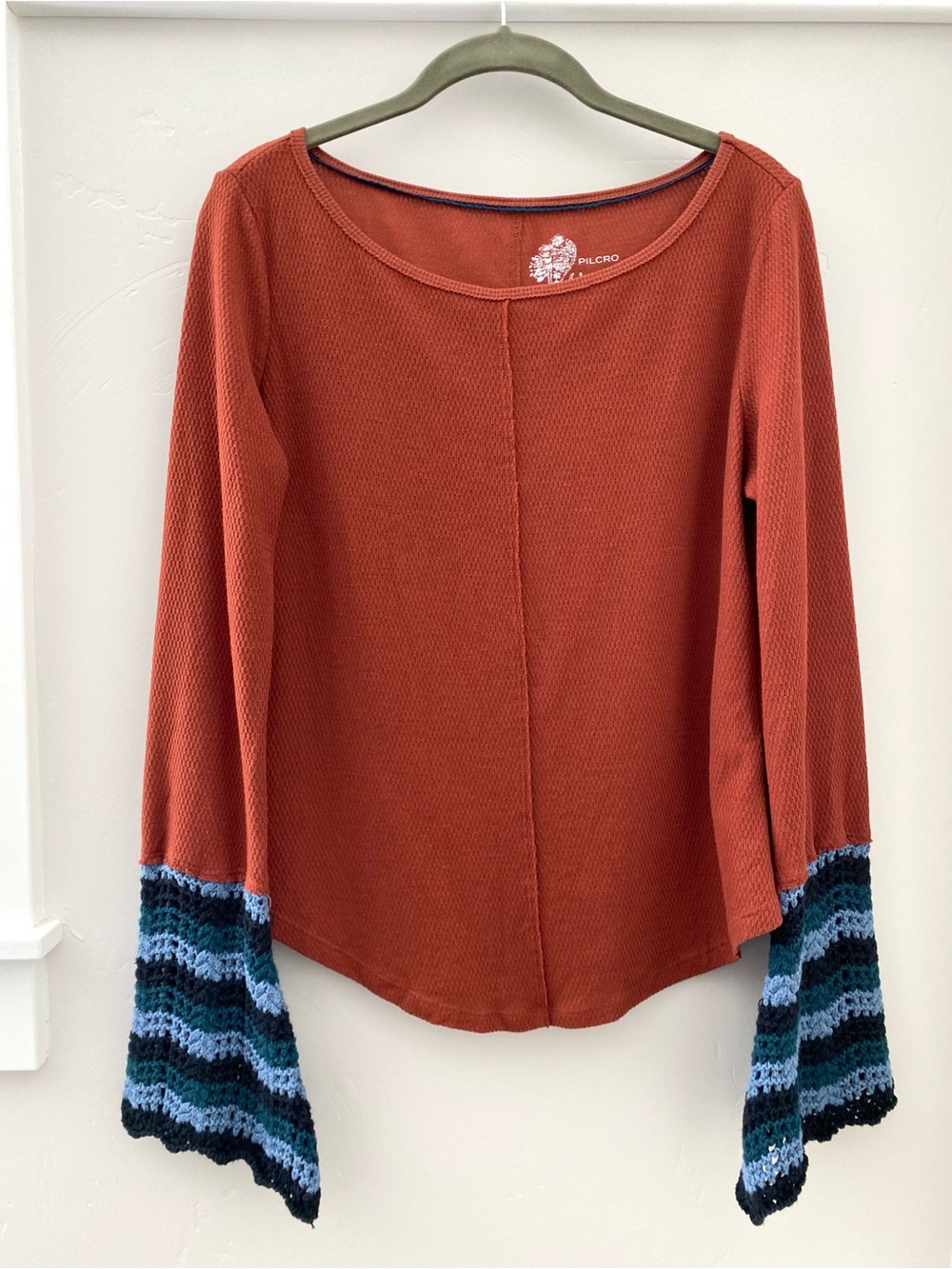 Pilcro Anthropologie Crochet Cuff Top Waffle Knit Cedar Long Sleeve Small - Picture 3 of 10